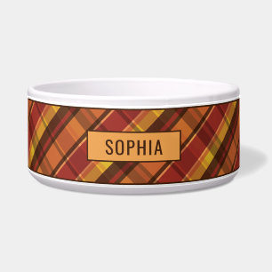 Red And Orange With Brown Plaid Pattern & Name Bowl