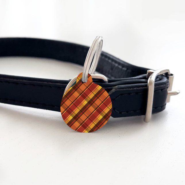 Red And Orange With Brown Plaid Pattern Pet ID Tag (Creator Uploaded)