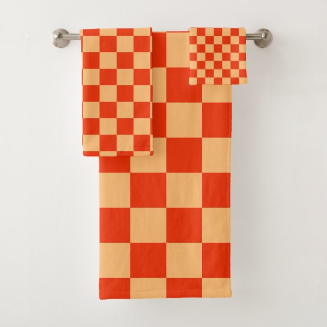 Red and Peach Check Checkered Checkerboard Pattern Bath Towel Set (Insitu)
