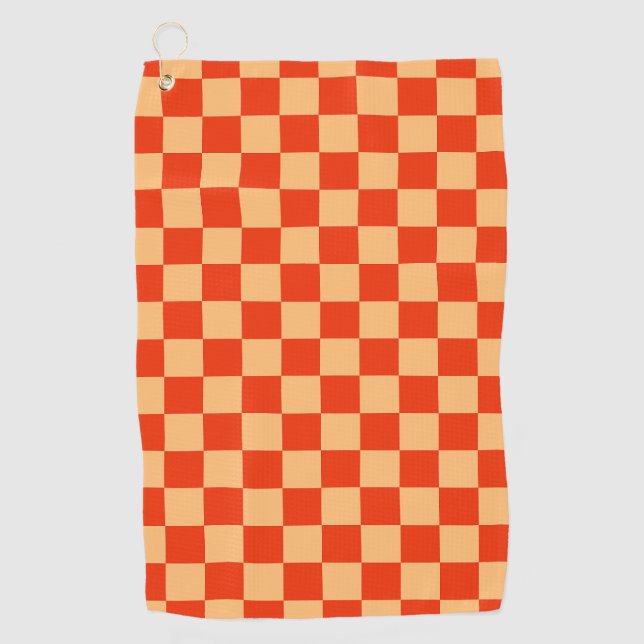 Red and Peach Check Checkered Checkerboard Pattern Golf Towel (Front)