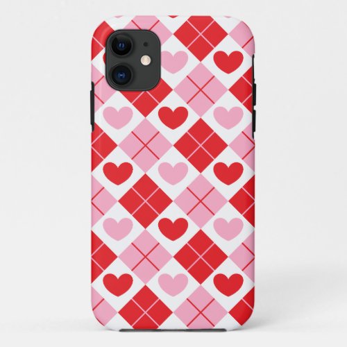 Red and Pink Argyle Heart Pattern iPhone 11 Case