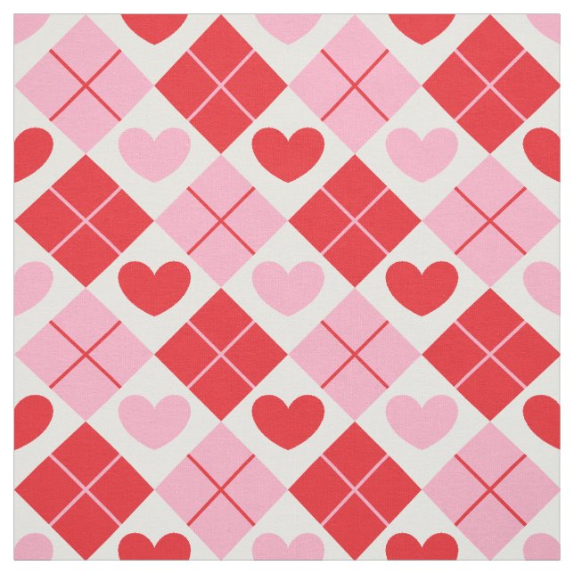 Red and Pink Argyle Heart Pattern Fabric (Swatch)