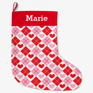 Red and Pink Argyle Heart Pattern Large Christmas Stocking