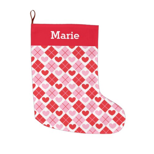 Red and Pink Argyle Heart Pattern Large Christmas Stocking
