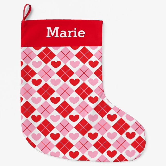 Red and Pink Argyle Heart Pattern Large Christmas Stocking (Front)