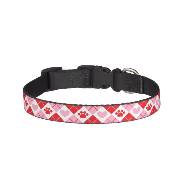 Red and Pink Argyle & Heart Paw Print Pet Collar (Front)
