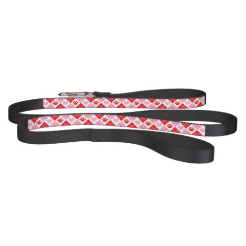 Red and Pink Argyle  Heart Paw Print Pet Leash