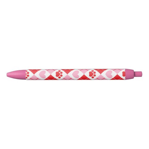 Red and Pink Argyle Paw Print  Heart Pattern Black Ink Pen