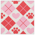 Red and Pink Argyle Paw Print &amp; Heart Pattern Fabric