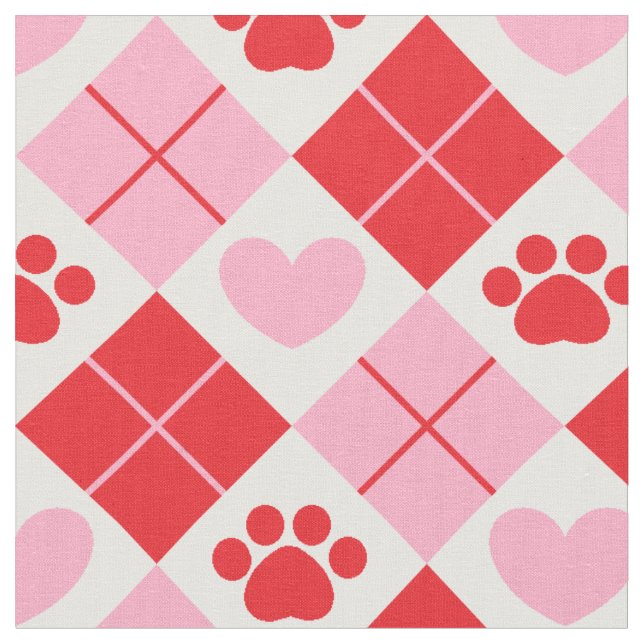 Red and Pink Argyle Paw Print & Heart Pattern Fabric (Close Up)