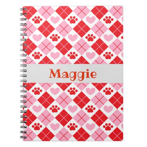 Red and Pink Argyle Paw Print  Heart Pattern Notebook