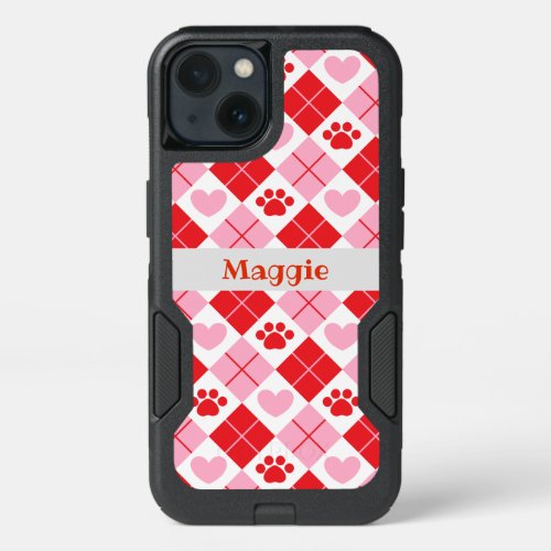 Red and Pink Argyle Paw Print  Heart Pattern iPhone 13 Case