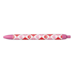 Red and Pink Argyle Paw Print & Heart Pattern Pen