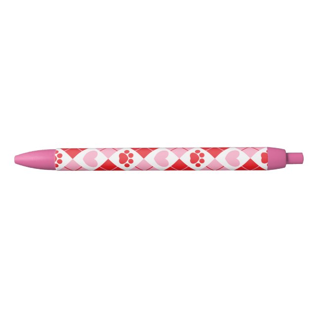 Red and Pink Argyle Paw Print & Heart Pattern Pen (Front)