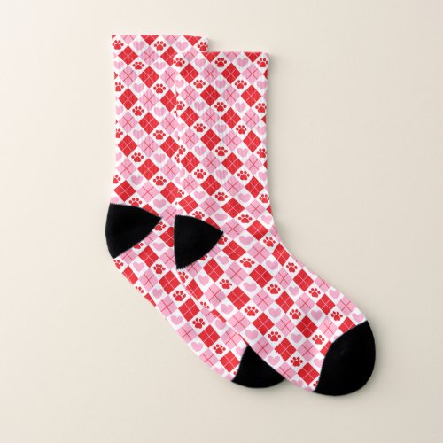 Red and Pink Argyle Paw Print  Heart Pattern Socks