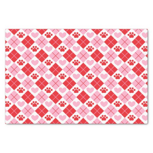 Red and Pink Argyle Paw Print  Heart Pattern Tissue Paper