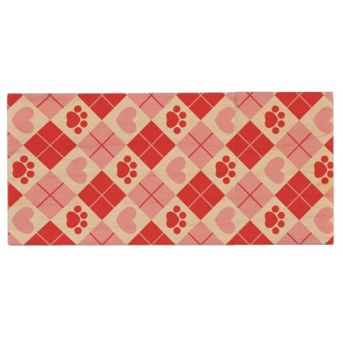 Red and Pink Argyle Paw Print  Heart Pattern Wood Flash Drive