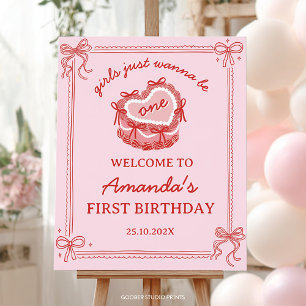Red and Pink Bow Cake Girl Birthday Welcome Sign