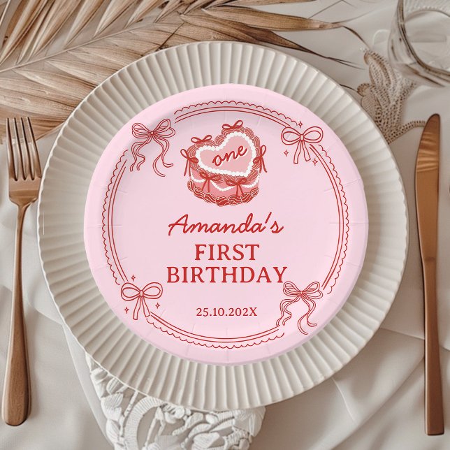 Red and Pink Bow Cake Girls Birthday Paper Plates (Creator Uploaded)
