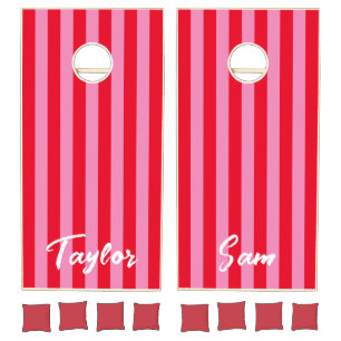 Red and Pink Cabana Stripe Bold Name Cornhole Set