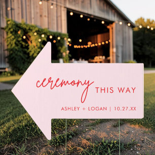 Red and Pink Ceremony This Way Directional Sign