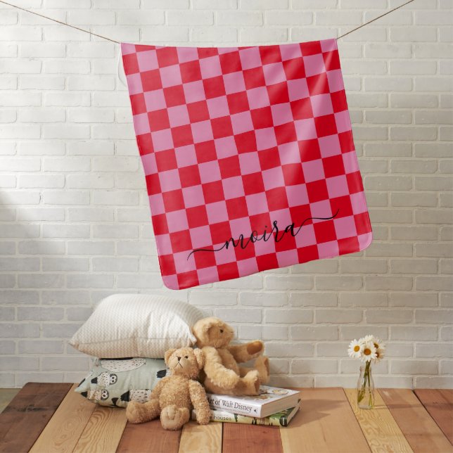 Red and Pink Check Girly Name Baby Blanket (In Situ)