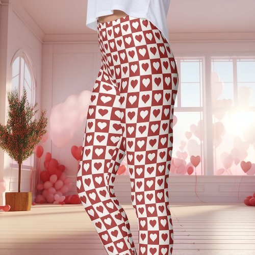 Red And Pink Checkerboard Heart Valentine'S Leggings