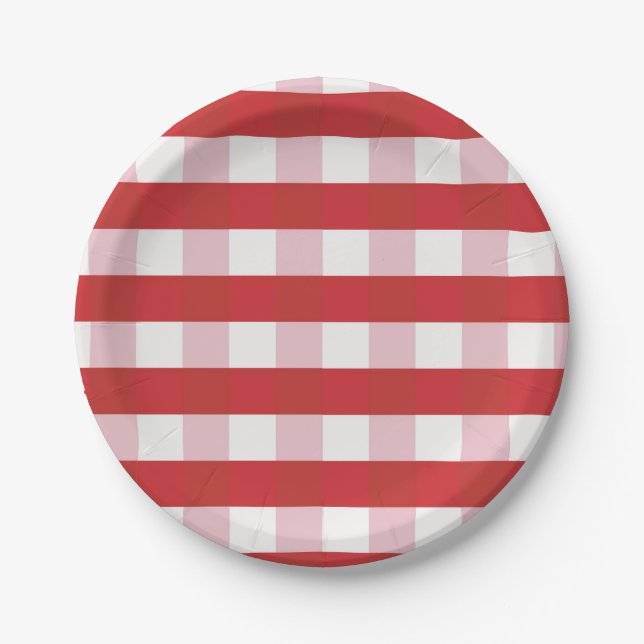 Red and Pink checkered, gingham effect Paper Plates (Front)