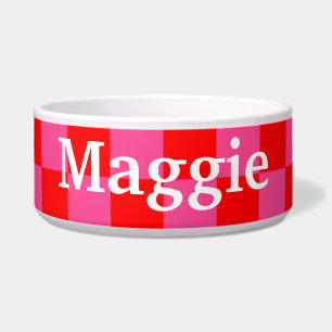 Red and Pink Checkered Pet Name Bowl