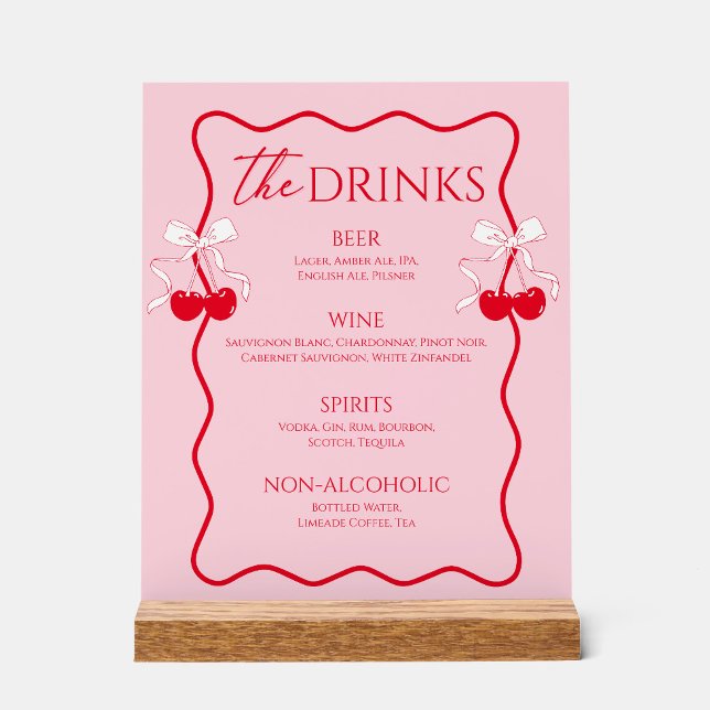 Red and Pink Cherry Bow Bridal Shower Drink Bar Acrylic Sign (Creator Uploaded)