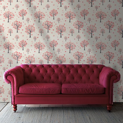 Red and Pink Cherry Tree Blossom Pattern Wallpaper