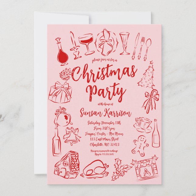 Red and Pink Christmas Invitation Doodles  (Front)