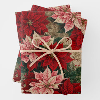 Red and Pink Christmas Poinsettia Flowers, Berries Wrapping Paper Sheets