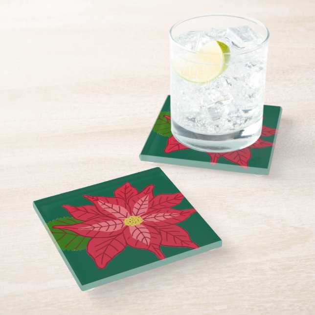 Red and Pink Christmas Poinsettia Glass Coaster (Angled)