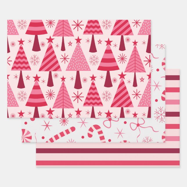 Red and Pink Christmas Trees, Candy and Stripes  Wrapping Paper Sheets (Set)
