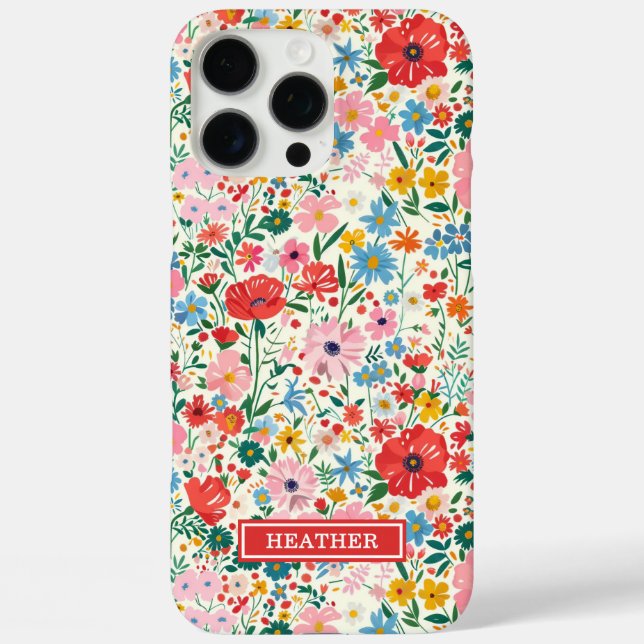 Red and Pink Ditsy Flowers Monogrammed Case-Mate iPhone Case (Back)