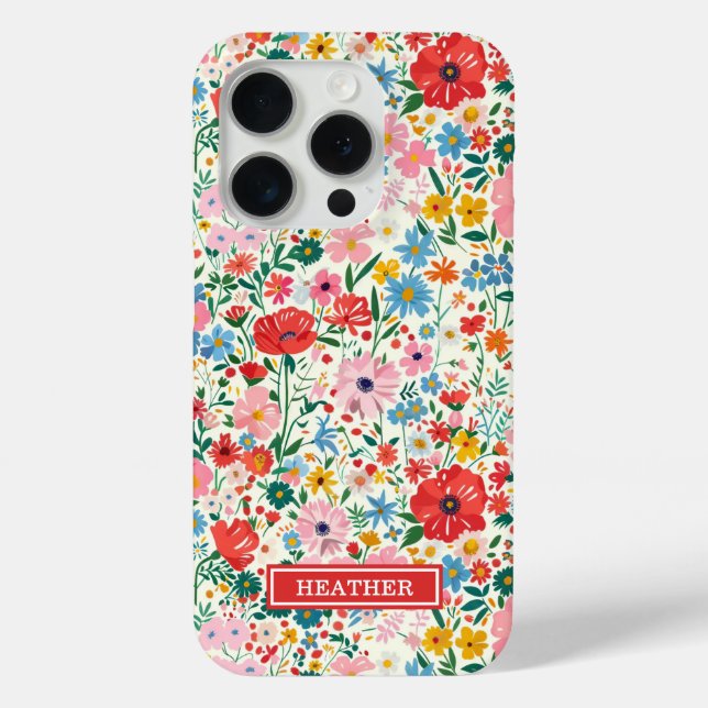 Red and Pink Ditsy Flowers Monogrammed Case-Mate iPhone Case (Back)