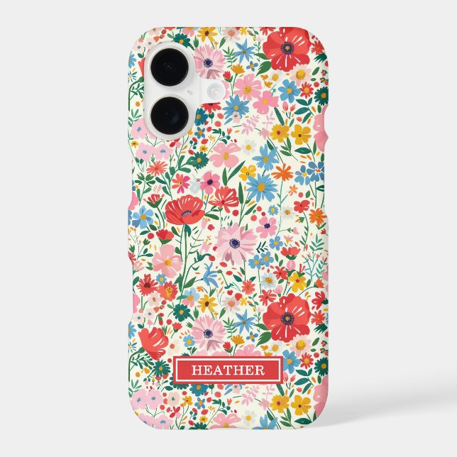 Red and Pink Ditsy Flowers Monogrammed Case-Mate iPhone Case (Back)