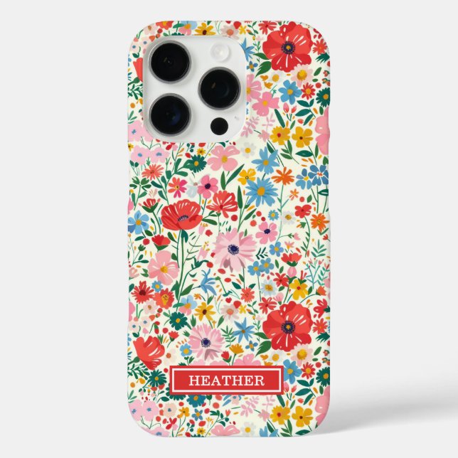 Red and Pink Ditsy Flowers Monogrammed Case-Mate iPhone Case (Back)