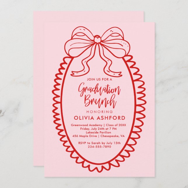 Red and Pink Elegant Brunch graduation Invitation (Front/Back)