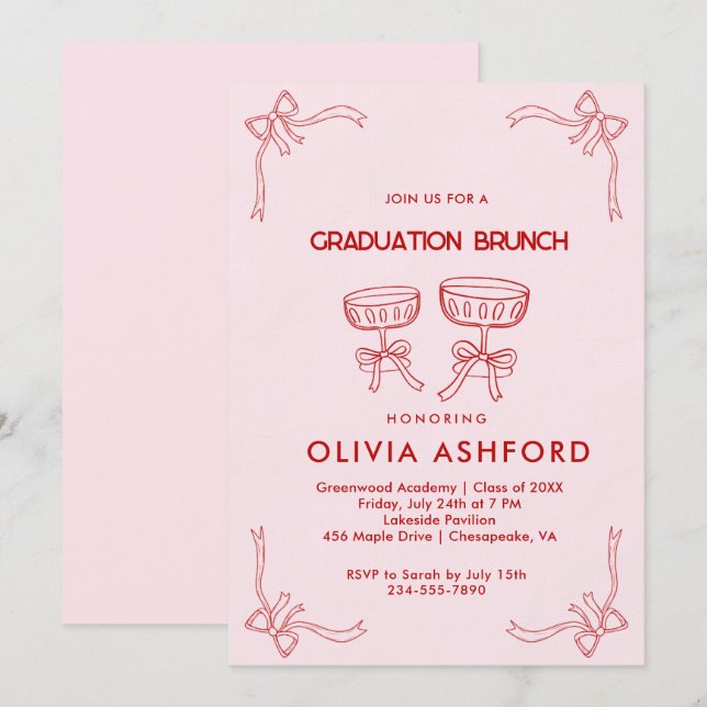 Red and Pink Elegant Brunch graduation Invitation (Front/Back)