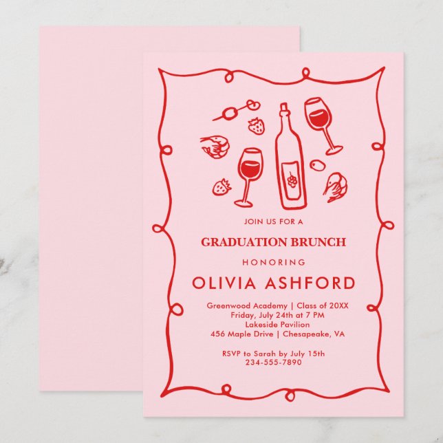 Red and Pink Elegant Brunch graduation Invitation (Front/Back)
