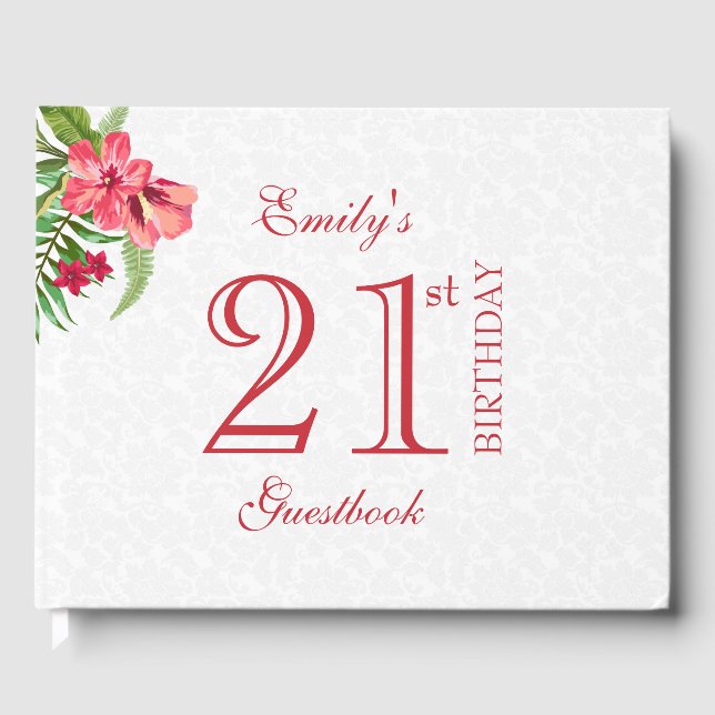 Red And Pink Exotic Flowers And White Damask Guest Book (Front)
