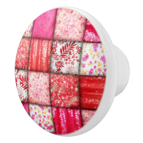 Red and Pink Faux Patchwork Quilting Pattern Ceramic Knob