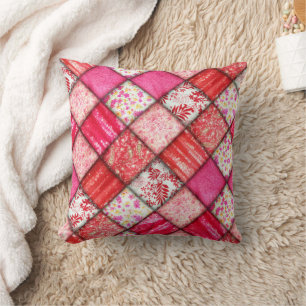 Red and Pink Faux Patchwork Quilting Pattern Throw Pillow
