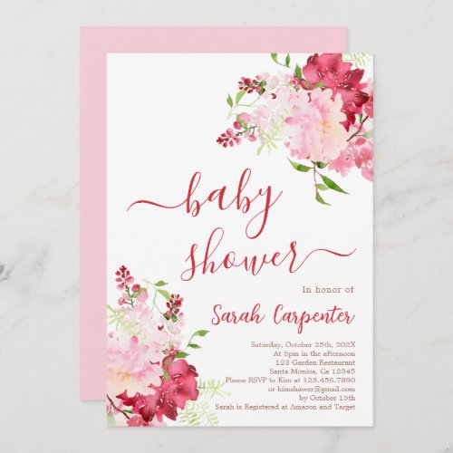 Red and Pink Floral Baby Shower Girl Invitation