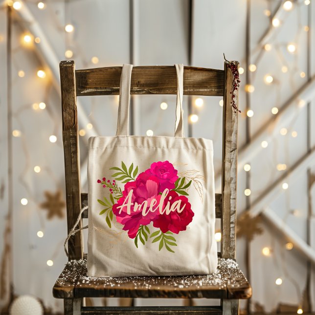 Red and Pink Floral Bridesmaid Personalized Name  Tote Bag (Creator Uploaded)