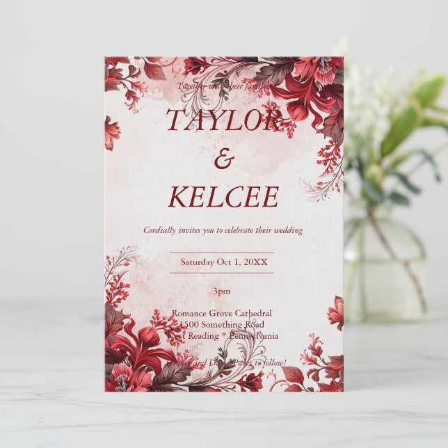 Red and Pink Floral CUSTOMIZABLE Wedding Invitation (Standing Front)