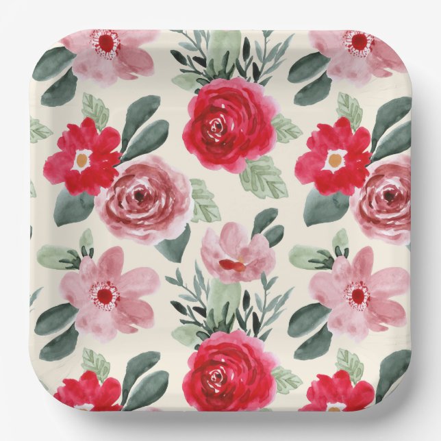 Red and pink Floral Pattern Paper Plates (Front)