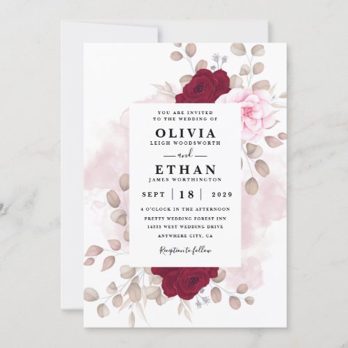 Red and Pink Floral Rustic Elegant White Wedding Invitation